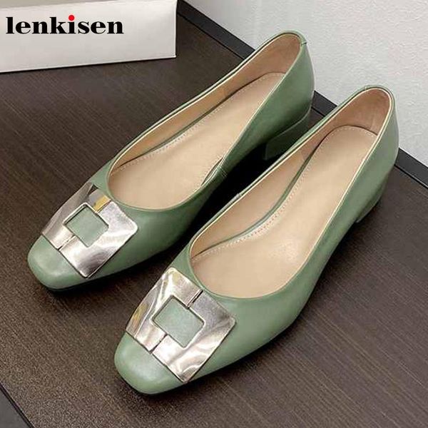 

dress shoes lenkisen genuine leather slip on metal decorations small square toe med heels fashion women spring basic daily wear pumps l08, Black