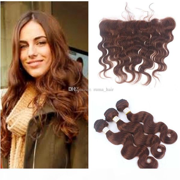 

middle brown human hair bundles with lace frontal 13*4 brown hair body wave human hair weaves with lace frontal closure 4pcs lot, Black;brown