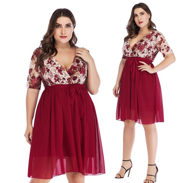 

2021 new summer fashing plus green party tulle 5xl women's deep v neck rose lace chiffon slim printed vintage ds0h, Black;gray