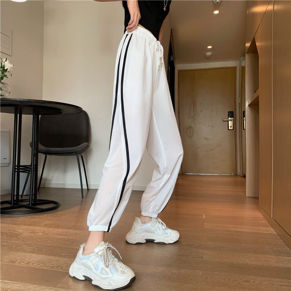 

2021 new patchwork mesh sweatpants joggers women spring summer casual beam feet sports baggy cropped female harem pants dend, Black;white