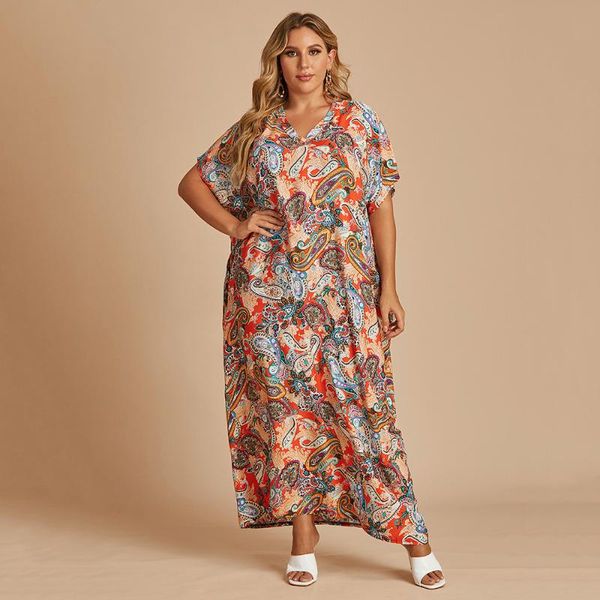 

plus size dresses loose oversized maxi dress women summer v neck batwing sleeve retro printing vintage clothing, Black