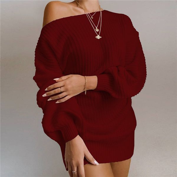 

fashion slash neck lantern sleeve pink dresses autumn winter loose knitted clothes female casual sweater dress vestidos, Black;gray