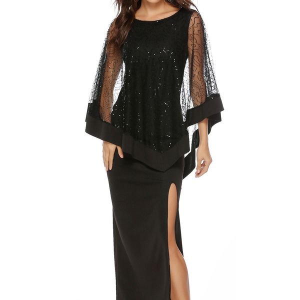 

women black party dress women formal sequined split long mesh dress elegant lady cloak sleeves slim maxi dress vestidos, Black;gray