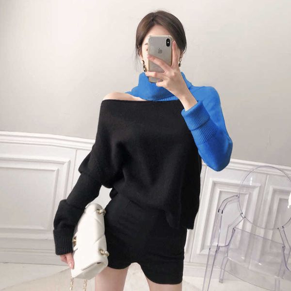 

sweaters patchwork turtleneck sweater women off shoulder color block knitted batwing long sleeve pullovers 210529, White