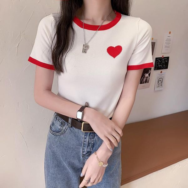 

women's t-shirt real s net red summer korean versatile color matching pink love girl's knitting short sleeve, White