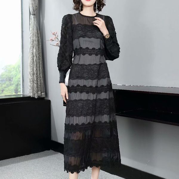 

designer 2021 spring new women's lace patchwork vintage elegant lantern sleeve long party dress kqkm, Black;gray