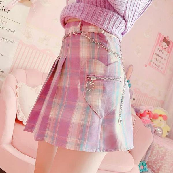 

heart pocket women skirt school girl vintage short skirts gothic lolita cute plaid mini pleated skirt harajuku kawaii cosplay, Black