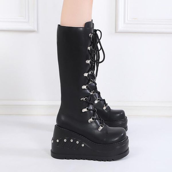 

boots womens platform heels classics gothic women knee high punk wedge shoes black chunky botas para mujer1
