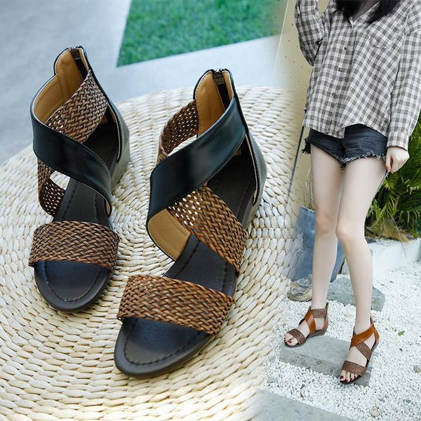 

sandals 2021 fashion fish mouth leather canvas women weave wedge heel shoes zipper casual beach roman, Black