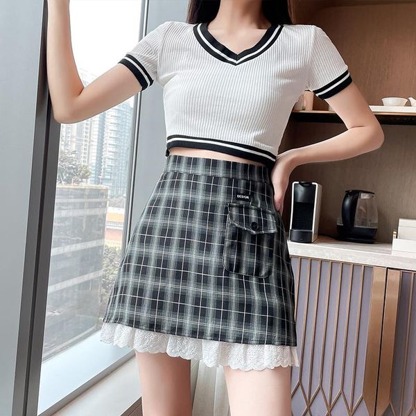 

skirts plaid summer women skirt high waist vintage stitching ruffles wrap clothes girls dance mini, Black