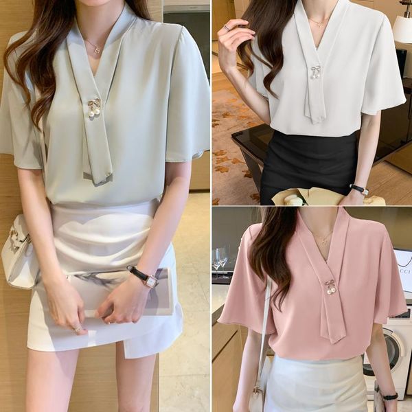 

women's blouses & shirts 2021 summer korean versatile v-neck short sleeve shirt blouse, White