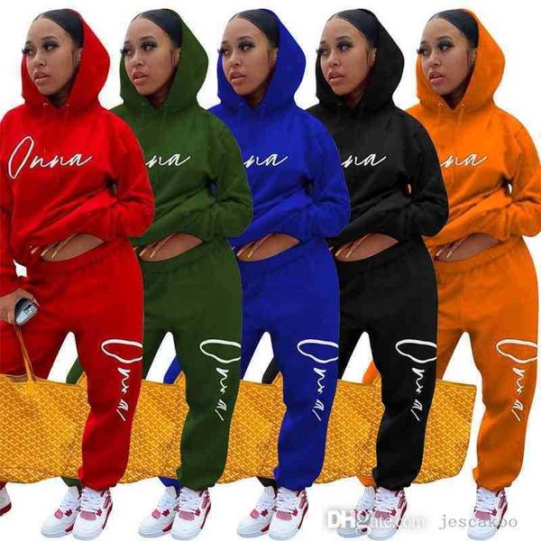 Autunno Donna Taglie forti Tute Due pezzi Abiti Coulisse Lettera Stampata Maglione a maniche lunghe Felpe con cappuccio Pantaloni sportivi Jogger Suit