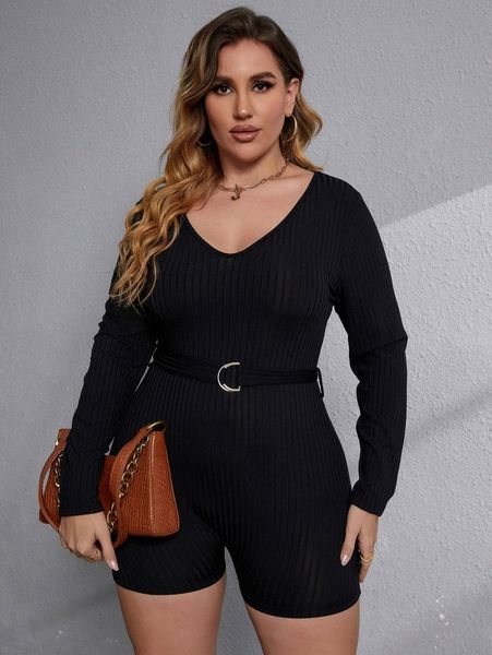 

plus ribbed knit keyhole back belted romper e2ig#, Black