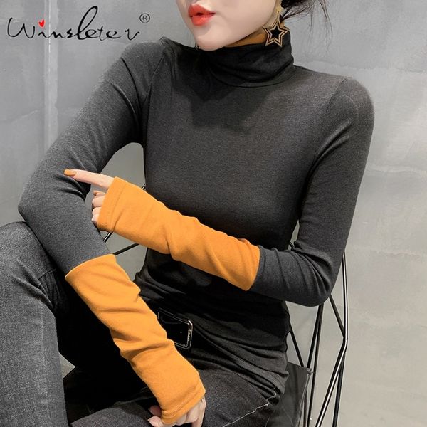 

spring cotton t-shirt women color block turtleneck long sleeve patchwork slim tee female casual t02401b 210309, White