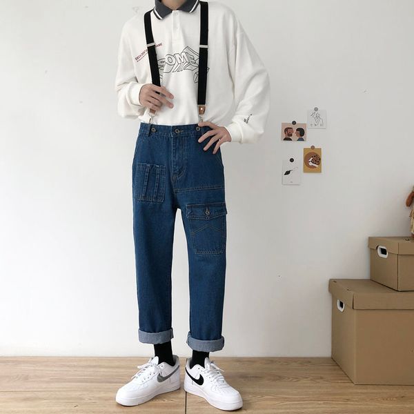 

2021 new men's romper jumpsuit male overalls denim casual pants baggy homme cargo pocket jeans blue/black color trousers s-2xl pvsb