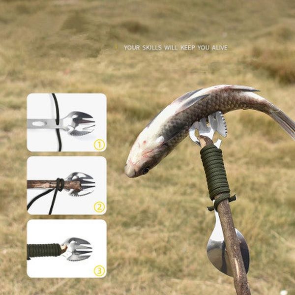 

camp kitchen tableware spoon multi tool can opener flatware portable bottle cutlery multitool utensil fork spork stainless steel picnic