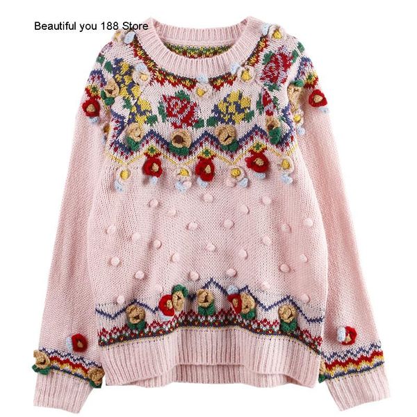 

women's sweaters autumn and winter antique handmade three-dimensional flower sweater female ball color pullover wool personalized, White;black