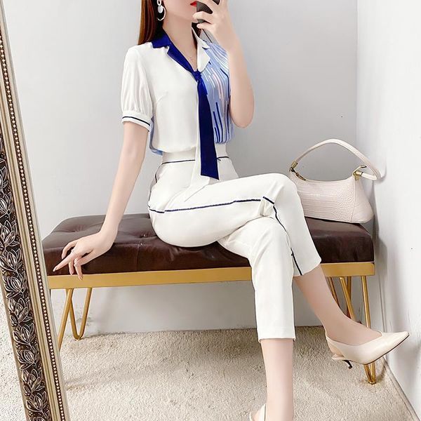 

new women 2021 summer v neck print shirt + high waist pencil pant suit female fashion casual work wear two piece outfit sets a832rjnu, White