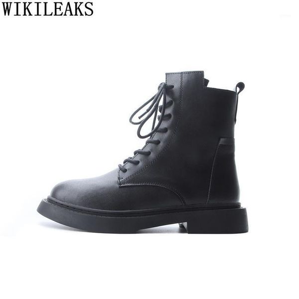 

boots leather shoes ankle woman women platform chunky heels low zapatos de mujer zapato chaussure femme1, Black