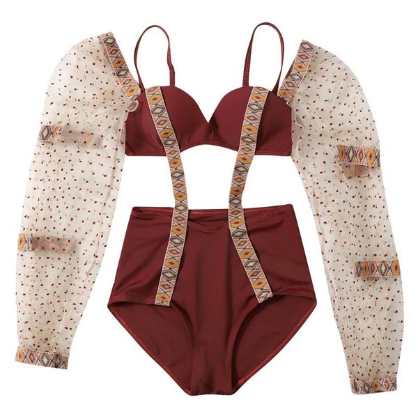 

korean style fashion bandage bathing suit wonen one piece swimwear long sleeve push up bodysuit wine red girls swimsuit padded