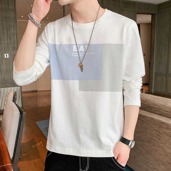 

2021 spring and autumn new t-shirt men's fashion trend handsome leisure loose long sleeve cotton round neck t-shirt, White