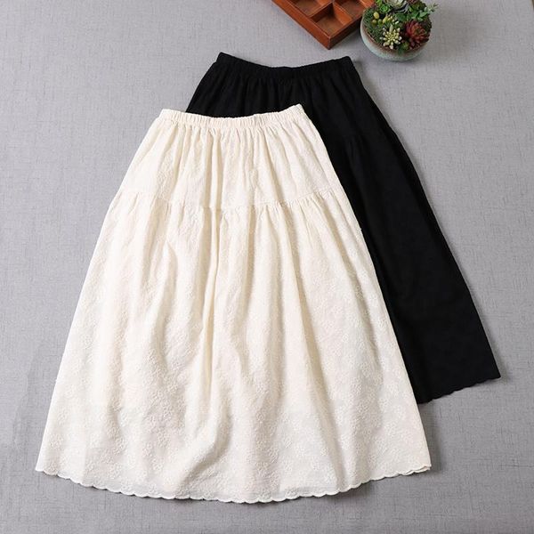 

2021 new spring women cotton embroidery solid color skirt japan style fresh loose a-line skirts women, Black