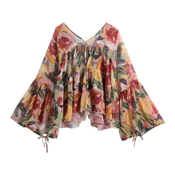 

spring loose chiffon blouse v neck flare sleeve ruffles floral shirts female summer sunshirts wb1019 210525, White