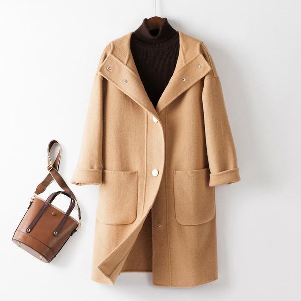 

small fragrance casual woolen coat, and loose, 2021 ladies women double-sided wool women's & blends, Black