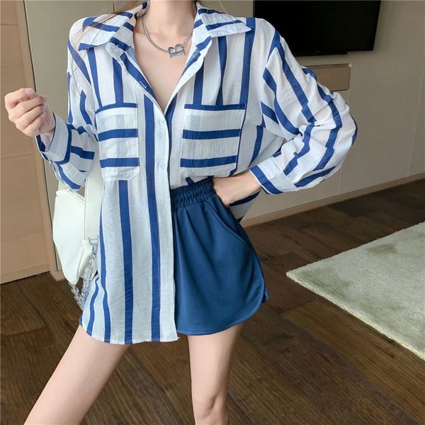 

women's blouses & shirts summer korean version net red wind blue stripe casual shirt long sleeve women mean length solar protector iro7, White
