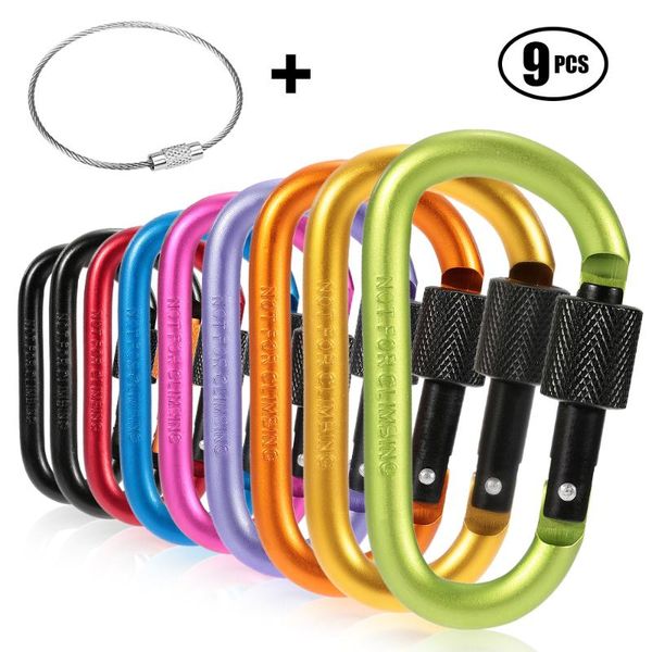 

cords, slings and webbing 9 pcs aluminum alloy d-ring locking carabiner clip set camping hiking screw lock hanging buckle keychain with stee