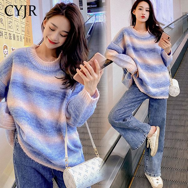 

female winter rainbow sweaters colorful tie pullover-long neck-loose striped korean jumpers sweet oversized mg7d, White;black