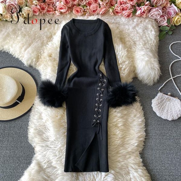 

casual dresses bandage dress autumn winter fashion round neck long knitted women bottomed closing waist solid color, Black;gray