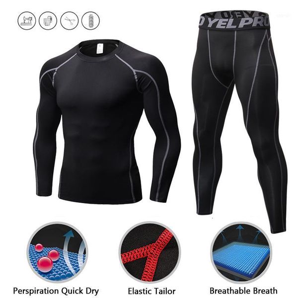 

sport sets men running shirt bodybuilding suit compression tights rashgard gym t shirt men fitness leggings joggers cycling1, Black;blue