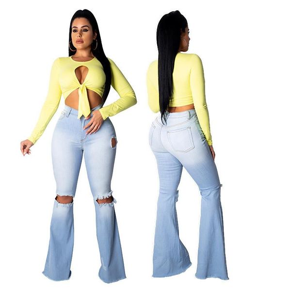 

women's jeans denim flare pants women retro ripped wide leg trousers lady casual bell-bottoms pant female clothing, Blue