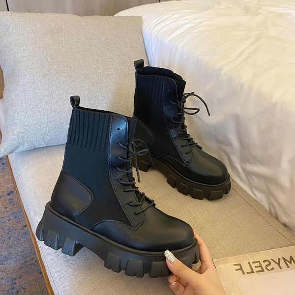 

leather stitching elastic knitted women's shoes waterproof boots women 2021 thick sole platform high heel leg repair, Black