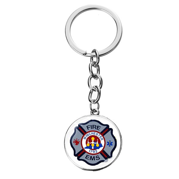 

charm firefighter key chain ladder hat tool badge fire rescue handmade glass gem key chain firemen symbol metal keyring, Silver