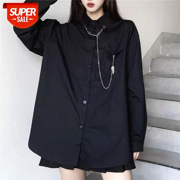 

autumn 2021 gothic shirts women blouses new korean ins street wild long-sleeved shirt black loose jacket female trend #el2k, White