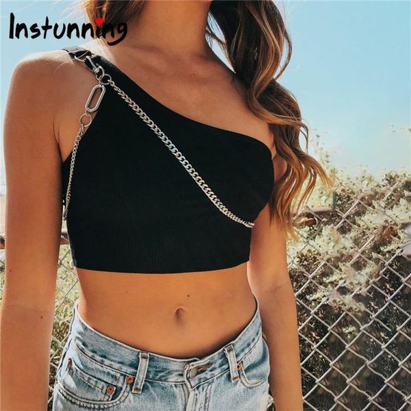 

women's tanks & camis instunning metal chain straps sleeveless tank women one-shoulder strap vest slim elastic casual summer fashion cr, White