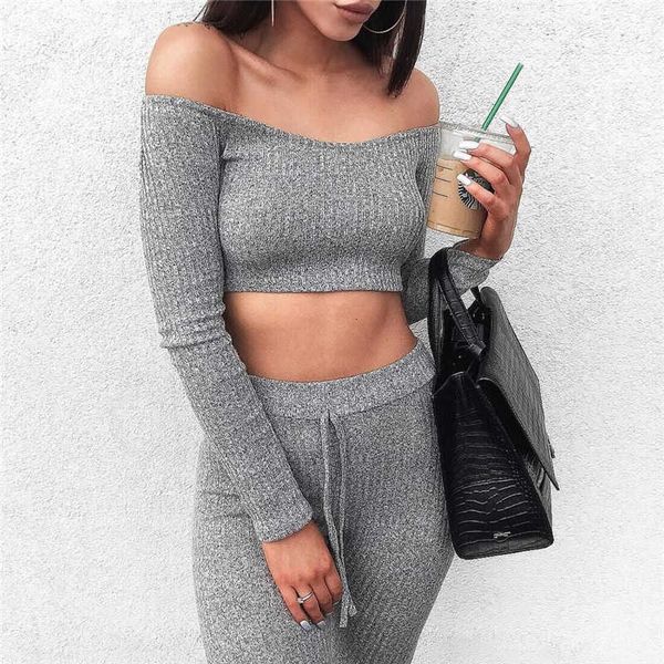 

ladies cable knit leggings crop training suit lounge wear solid women sets, Gray