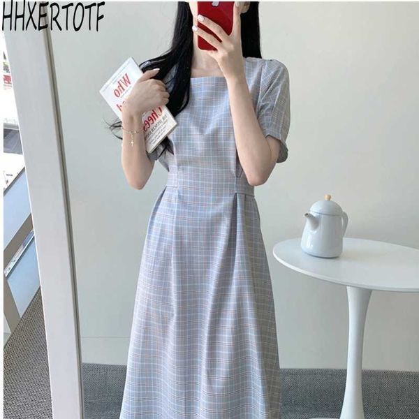

summer fashion casual short sleeve dres plaid vintage korean style loose all-match casual dress 210531, Black;gray
