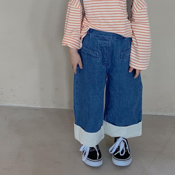 

trousers girls denim wide-leg pants 2021 autumn children's korean casual contrast color rolled jeans baby, Blue