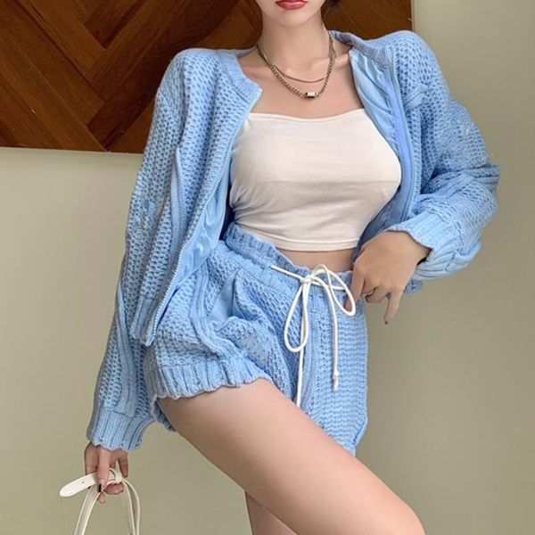 

women's tracksuits casual blue two piece set women long sleeve sweater zipper jacket coat high waist shorts suits elegant femme sports, Gray