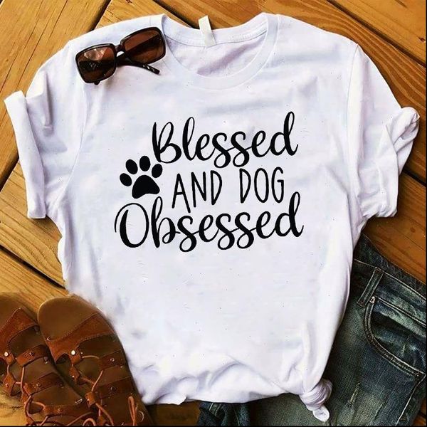 

women lady t shirt blessed and dog obsessed printed tshirt ladies tee shirt women female clothes graphic t shirt, White