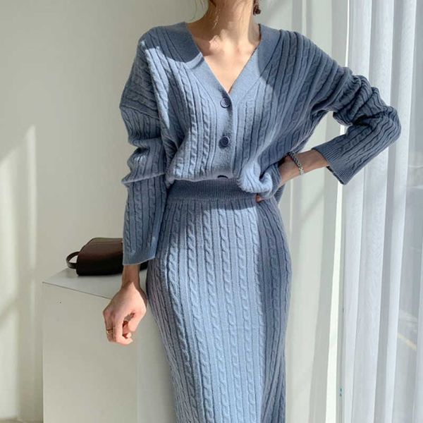 

two piece dress two-piece women knitted set elegant autumn winter sweater suits long sleeve button pure skirt suit ktvn, White