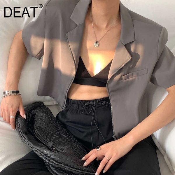 

[deat] summer fashion coat loose turn-down collar zipper solid color short sleeve simple women blazer 13q170 210527, White;black