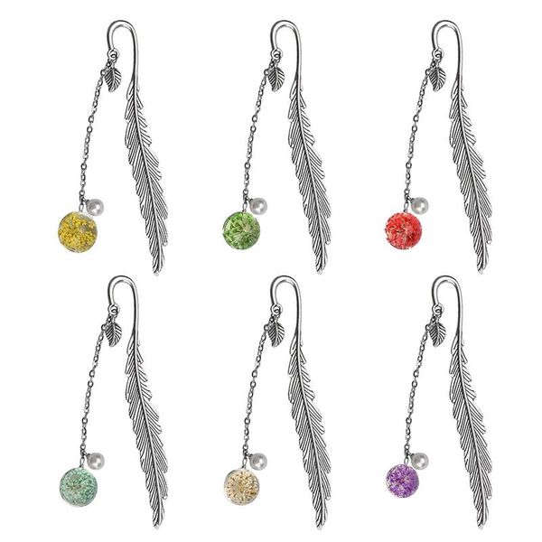 

bookmark 6 pieces metal feather bookmarks with dry flower pearl pendant crafts vintage creative book mark clip page marker