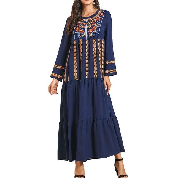 

muslim dress spring autumn fashion dignified temperament contrast splicing plant embroidered round neck round neck, Black;gray