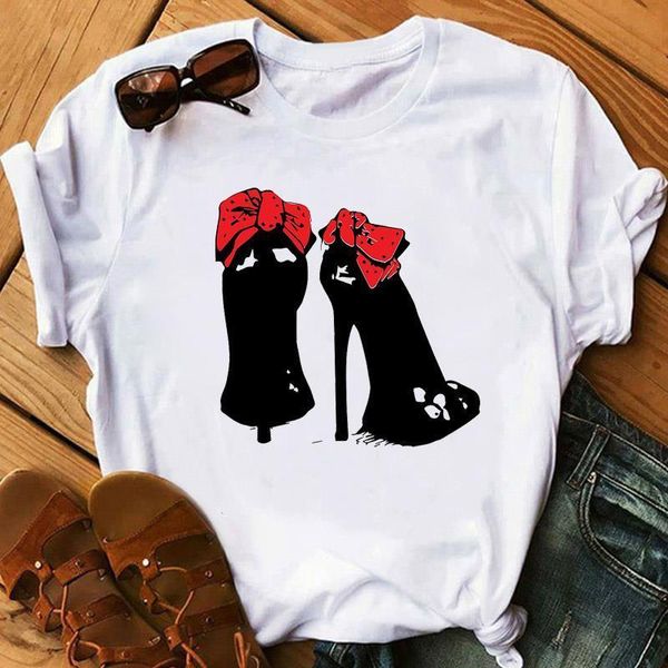 

women t shirt watercolor high heels shoes print t shirt women summer short sleeve tee girl hipster t-shirts streetwear, White