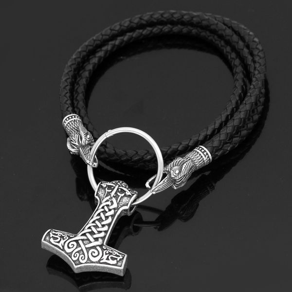 

viking pirate odin riding celtic wolf head hammer pendant double crow necklace long pendant chain, Silver