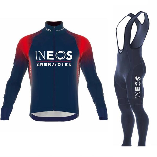 Set da gara 2022 Maglia da ciclismo a maniche lunghe e tuta con bretelle blu navy